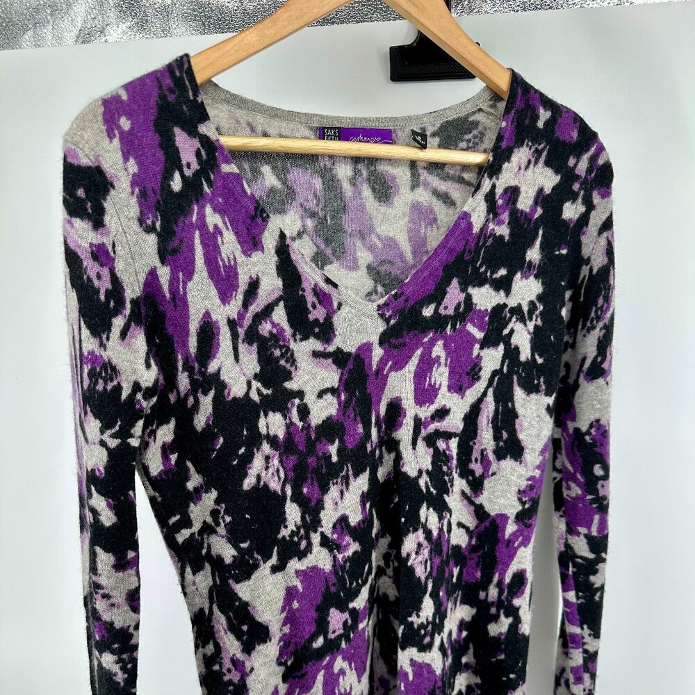 100% Cashmere Sweater | Saks 5th Ave | Purple Abstract Print | Size Small